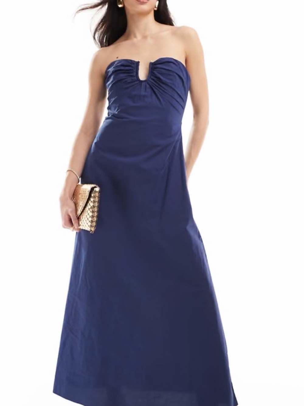 Bardot Lora Poplin Navy Strapless Maxi Dress with Ruched Sweetheart Bodice